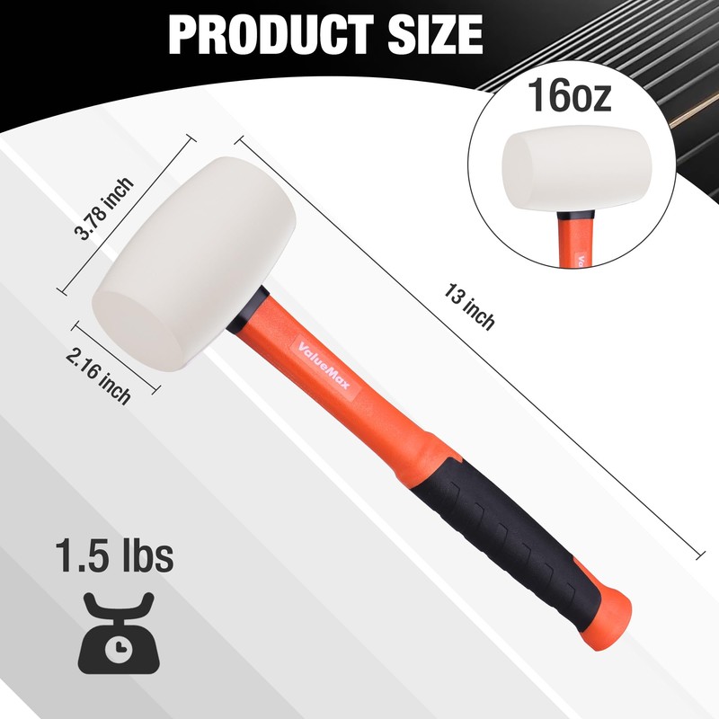 ValueMax 16oz Rubber Mallet Hammer, Fiberglass Handle, Solid Head, Rubber