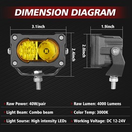 LTEODCHEW 3 Inch LED Pod Lights Yellow 2PCS Off Road Driving Fog Light Pods Spot Flood Combo LED Cube Work Light Backup Bumper Light Bar for Truck Pickup UTV ATV SUV Boat 4x4