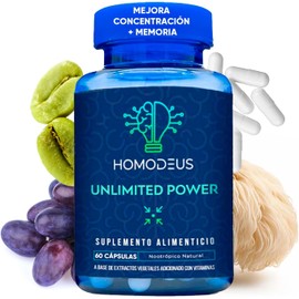 HomoDeus Suplemento Natural | Nootrópico para Mente con Hongo de Melena de León, Bacopa Monnieri, DMAE, Complejo B, L-Tirosina, L-Carnitina y Semilla de Uva | Concentración, Memoria, Agilidad Mental