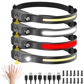 Eatelsin Rechargeable Headlamp with Red Light 4PCS, Motion Sensor 230° Head Lamp, Hard Hat Light for Adults, Headlight for Forehead, LED Headband Flashlight for Work, Running, Camping Essentials Gear
