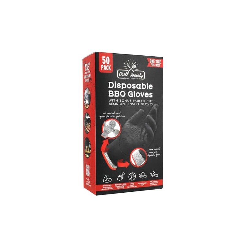 Grill Society Disposable BBQ Gloves, 50 Pack – Black Nitrile