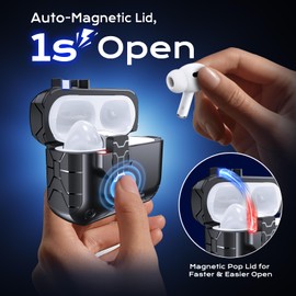 Anqrp MagArmor Auto-Open for AirPods Pro 2nd/1st Gen Case with Built-in Magnets, [One-Press Auto-Open] [Compatible with Mag-Safe Charging], Full-Body MIL-Grade Protective with Air-AL Carabiner Black