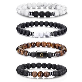 Avotto Mens Beaded Bracelets Tiger Eye Initial Bracelet for Men Lava Rock Bracelets Set Stretch Obsidian Stone Bracelets Mens Wrist Jewelry Christmas Gifts Male Him Pulseras Para Hombres Letter O