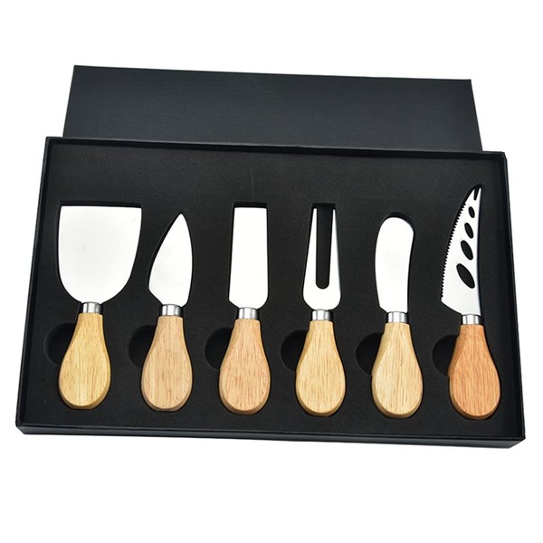 Lin's Wood Cheese Knives Gift Set of 6,Stainless Steel Cheese Slicer Cheese Cutter Collection with Gifted Box. (Oak Handle)