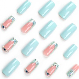 RikView French Tip Press on Nails Medium Fake Nails with Rhinestones Blue Nails Square Acrylic Nails for Women 24 PCs/Set