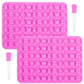 Dwwffer 2 Piece Fruit Snack Molds Silicone,Non-Stick Gummy Molds Trays with 2 Dropper for Candy Chocolate Gummies Baking,Food Grade (Pink)