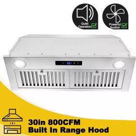 Zomagas 30 inch 800 CFM Insert Range Hood Built-in Cooker Hood Touch Panel 3-Speed