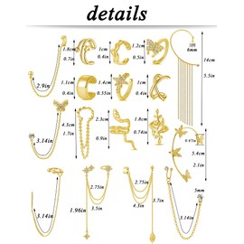 Tornito 17Pcs Ear Cuffs Chain Earrings Snake Butterfly Leaf Non Piercing Clip on Earring Fake Helix Cartilage Earrings Ear Clip Jewelry Gold Tone