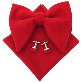 Justar Mens Pre-Tied Oversized Bow Tie Tuxedo Velvet Bowtie Cufflinks Hankie Combo Sets (Deep Red)