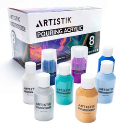 Acrylic Pouring Paint, Set of 8 x 100 ml Bottles - Pre-Mixed High Flow - Ready to Pour Paint Color Set w/ 2 Mixing Cups - Art Paints for Pouring on Canvas, Glass, Paper, Wood, Tile, Stone