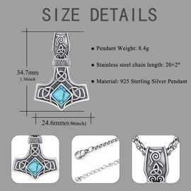 Thor's Hammer/Odin/Valknut/Vegvísir/Crow/Viking Necklace 925 Sterling Silver Viking Pendant Chain Amulet Jewellery Gifts for Men and Women, Sterling Silver, Turquoise