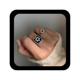 Allereyae Boho Pearl Flower Ring Black Square Ring Square Signet Ring Pearl Floral Ring Adjustable Pearl Finger Ring Square Bang Ring Jewelry for Women