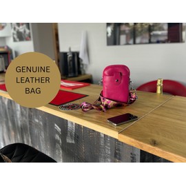Italian Genuine Leather Mini Phone Pouch Bag with detachable & adjustable leopard strap (Fuschia)