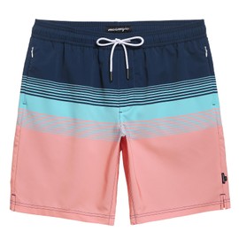 maamgic Mens Swim Trunks 9 Inch with Mesh Lining Bathing Suit Stretch Board Shorts with Zip Pockets for Swimming Striped Orange L