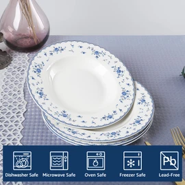 fanquare 8 Inch Porcelain Soup Bowls Set of 4, Round Pasta Plates Set for Salad, Dessert, Snack, Blue Roses