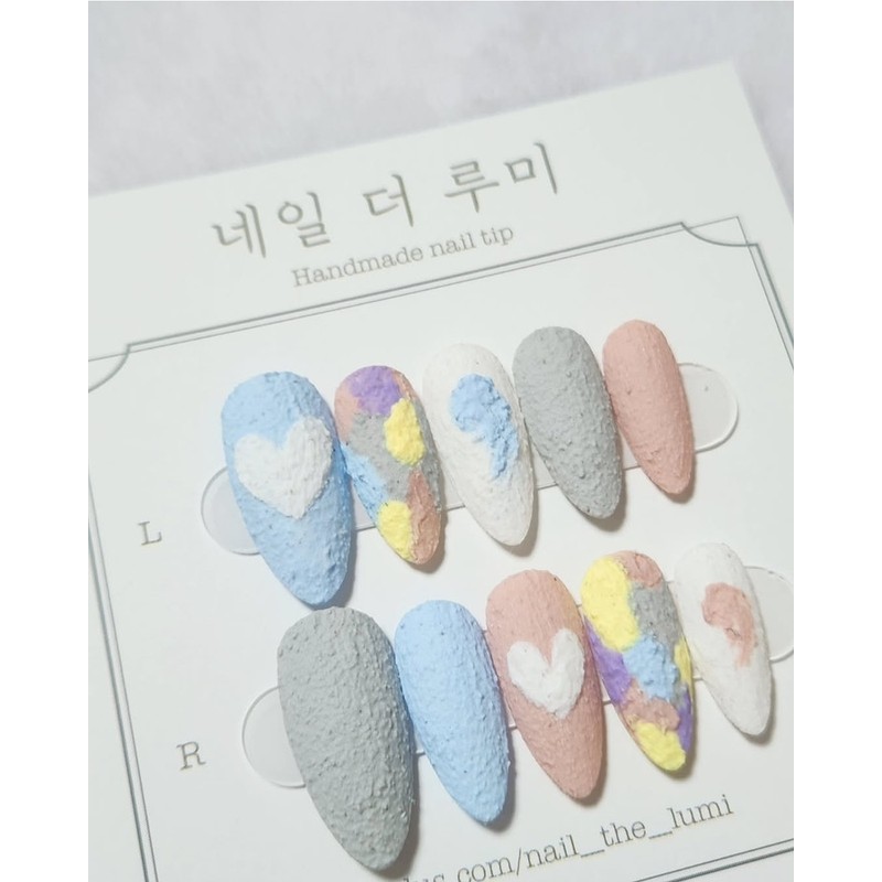 Heart pastel texture handmade nail tip - Long ballerina