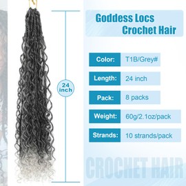 IIFLYDSFA Boho Faux Locs Crochet Hair 24 Inch 8 Packs Goddess Locs Crochet Hair with Curly Ends Ombre Gray T1B/Gray# Pre-looped Bohemian River Locs Hair for Women