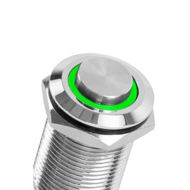 WITTKOWARE 14 mm Metal Pressure Switch, Installation Diameter 12 mm, IP67, with LED Ring Lighting (5-14 V), 1x On/Off (2A/250V~), Light Colour Green