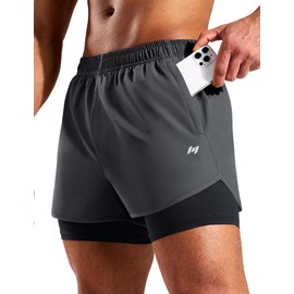 MIER Mens Sports 2 in 1 Shorts with Zip Pockets 5 Inch Quick Drying Running Shorts with Compression Liner, Dark Grey, L