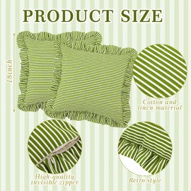 HunnmingRe 2 Pack Green White Striped Ruffle Throw Pillow Covers 18x18 Inch Decorative Cushion Covers for Sofa Couch Bed Home Living Room Decor