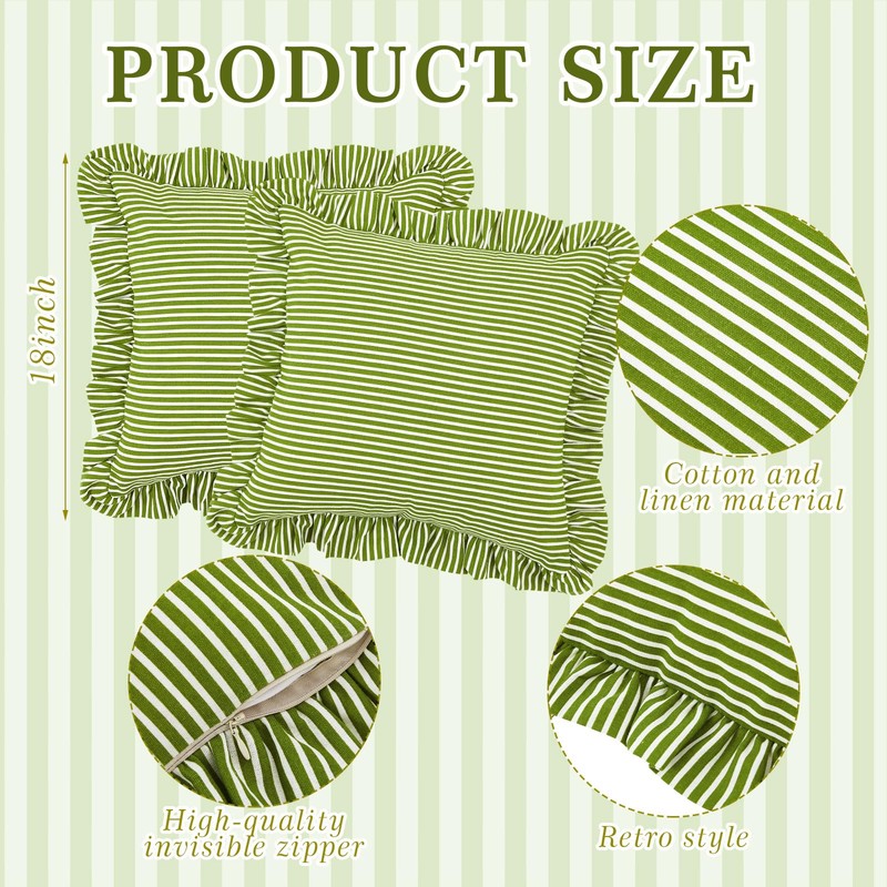 HunnmingRe 2 Pack Green White Striped Ruffle Throw Pillow Covers