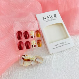 Fall Press on Nails Medium Square Fake Nails with Designs Maple Leaf Glue on Nails Bling Sequins False Nails Autumn Acrylic Nails Glossy Artificial Nails Full Cover Stick on Nails for Women 24Pcs
