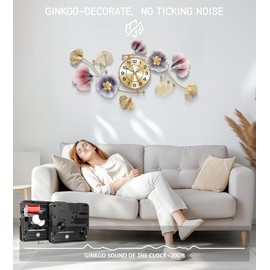 Axioglo Wall Clocks for Living Room Decor,Large Wall Clock,3D Creative Metal Ginkgo Leaf Design,with Silent Movement Wall Clocks for Home Wall Decor Clock（35"x20"）