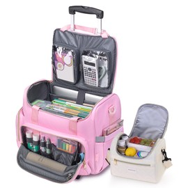 SUCIKORIO Rolling Laptop Bag 17.3 Inch With Insulated Lunch Bag 3 IN 1 Rolling Briefcase for Women Waterproof Teacher Tote Bag With Wheels With Detachable Trolley for Office, College, Nurse, Pink