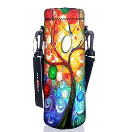 AUPET Water Bottle Carrier,Insulated Neoprene Water bottle Holder Bag Case Pouch Cover 1000ML or 750ML,Adjustable Shoulder Strap, Great for Stainless Steel and Plastic Bottles (Colorful Tree, 1000ML)