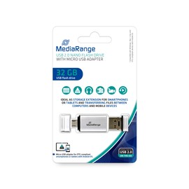 MediaRange MR932 Nano USB Drive with Micro USB (OTG) Adaptor, 32GB, White