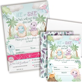 He or She Dinosaur Gender Reveal Invitations - 20 Fill In 5x7 Baby Shower Cards with Envelopes - Cute Hatching Dino Theme by AmandaCreation`