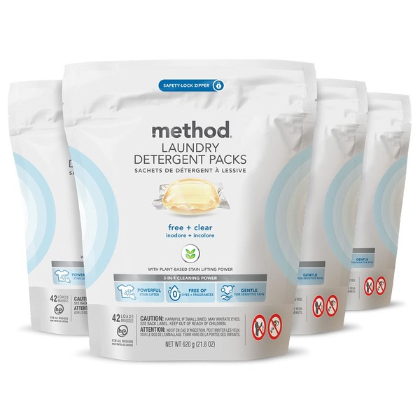 Method Laundry Detergent Packs; Fragrance Free + Clear; Plant-Based Stain Remover that Works in Hot & Cold Water; 42 Packs per Bag; 4 Pack (168 Loads); Packaging May Vary