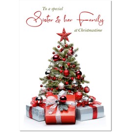 doodlecards Sister and Family Christmas Card Christmas Tree and Parcels Medium Size Christmas Card for Sister & Family with Plain Envelope