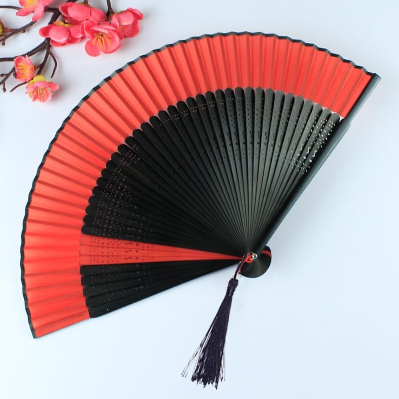 YaoooosF Black Bone Red Fan, Openwork Carved, Luxury Fan, Plain