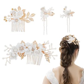 4-Piece Set Bridal Hair Accessories, Handmade Alloy & Fabric Flower Decor Wedding Clips, Pearl & Rhinestone Bridal Hair Pins for Thick/Curly Hair