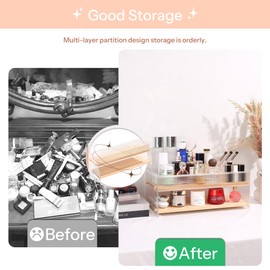 KAOTGOT Cosmetic Organizer - 15 Slot Lipstick Holder & Makeup Brush & Skincare/Perfume Organizer, 2 Tier Design,Pine Wood & Acrylic Make up Organizer for Vanity/Makeup Table