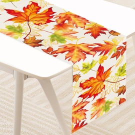 Fall Table Runner 72 x 13 Inch Thanksgiving Decorations, Linen Burlap Maple Leaves Pattern Table Cover for Autumn Harvest Thanksgiving Day, Seasonal Farmhouse Table Decor for Kitchen Dining Fireplace