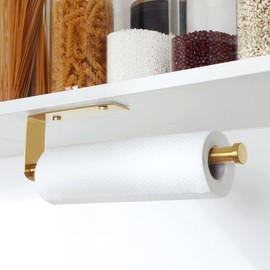 Mooche Paper Towel Holder Under Cabinet, 12.8" Stainless Steel Paper Towel Holder Wall Mount, Self Adhesive or Drilling Hanging Paper Towel Holder for Kitchen, Bathroom, RV (Gold)