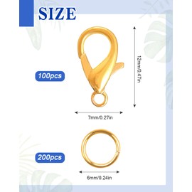 300 Pcs Jewellery Clasps Set, Caianwin Lobster Clasps and Open Jump Rings for Jewellery Making DIY Craft(Gold)