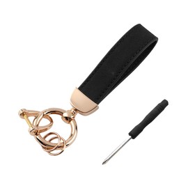 Kewucn Genuine Leather Car Keychain, Universal Heavy Duty Metal Auto Key Fob Holder with Anti Lost D-Ring for Men Women （Golden-Black）