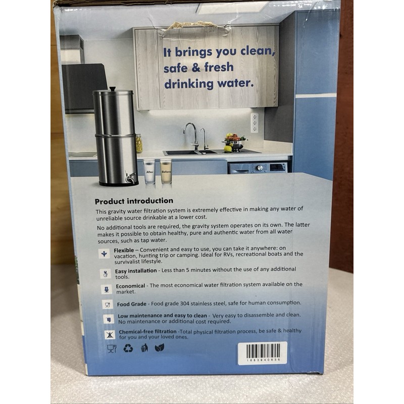 Purewell Gravity Fed Water Filtration System 2.9 Gallons 3-Stage 304