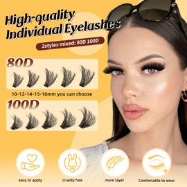 QUEWEL Cluster Lashes 80D+100D Individual Eyelashes 280Pcs D Curl Eyelash Clusters 3D Russian Lashes Individual Cluster Volume Eyelash Extensions (3D-80D+100D)