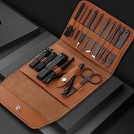 16-piece leather nail clipper set, brown