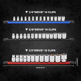 Mayouko Aluminum Magnetic Socket Organizer, 3-Piece Socket Rail Holder, 1/4-Inch x 14 Clips, 3/8-Inch x 14 Clips, 1/2-Inch x 12 Clips, Storage 40 Sockets(Sockets Not Included)