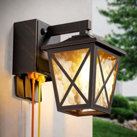 Ehaho Porch Lights with Outlet, Dusk to Dawn Outdoor Light with Outlet Built-in, Waterproof Anti-Rust Lantern Outside Light with GFCI Outlet, Wall Sconce Light with Plug for Front Door (Bronze 1 PC)