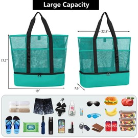 UYLIA 8 Pockets Tote Mesh Beach Bag Women's Large Foldable with Waterproof Cool Bag for Toy Storage Beach Travel Picnic Shopper Handbag Bath Bag Shoulder Bag, Green