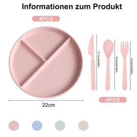 Divided Dinner Plate Set, 4 Pieces Divided Plates with Dividers, Divided Dinner Plates Sets with 3 Compartments Plates and 4 Pieces Cutlery Set for Adults Children School Office Home Party 4 Colours