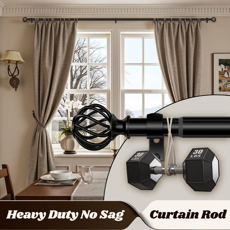 Curtain Rods for Windows 48-90 Inch(4-7.5Ft), Matte Black Decorative Curtain