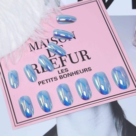 Cimenexe Almond Press On Nails Nude Blue Fake Nails French Tip Nails Oval Artificial Fingernails Medium Fingernails Full Cover Acrylic Nail Glossy False Nails for Women and Girls 24 Pieces