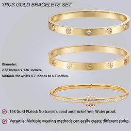 Stackable Bracelets set for Women 14K Gold Plated Stainless Steel, Tennis Bracelet Love & Friendship Bangle, Mothers Day Valentines Birthday Christmas Jewelry Gifts for Mom Her Wife Grandma 3PCS